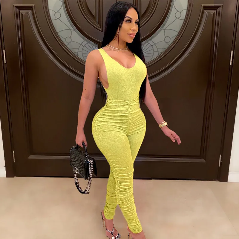 

Sleeveless Backless Top Tight Deep V-neck Solid Skinny Sexy Romper Pleated Jogging Long Pants Set Two-Piece Set Bodysuit