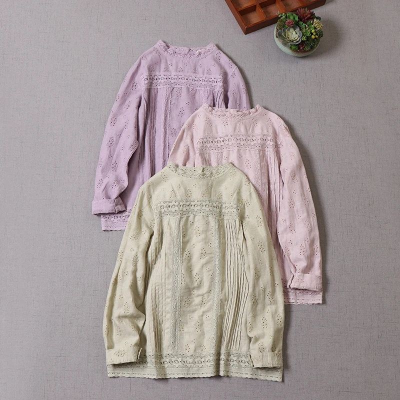 

Autumn Sweet Hollow Out Linen Shirt Women Long Sleeve Back Open Single Breasted Button Casual Top XQ1005