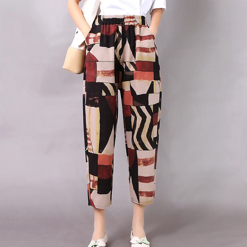 

2021 Summer Fashion Printed Cotton Linen Harem Pants For Women Casual High Waist Calf-Length Loose Trousers Female Streetwear