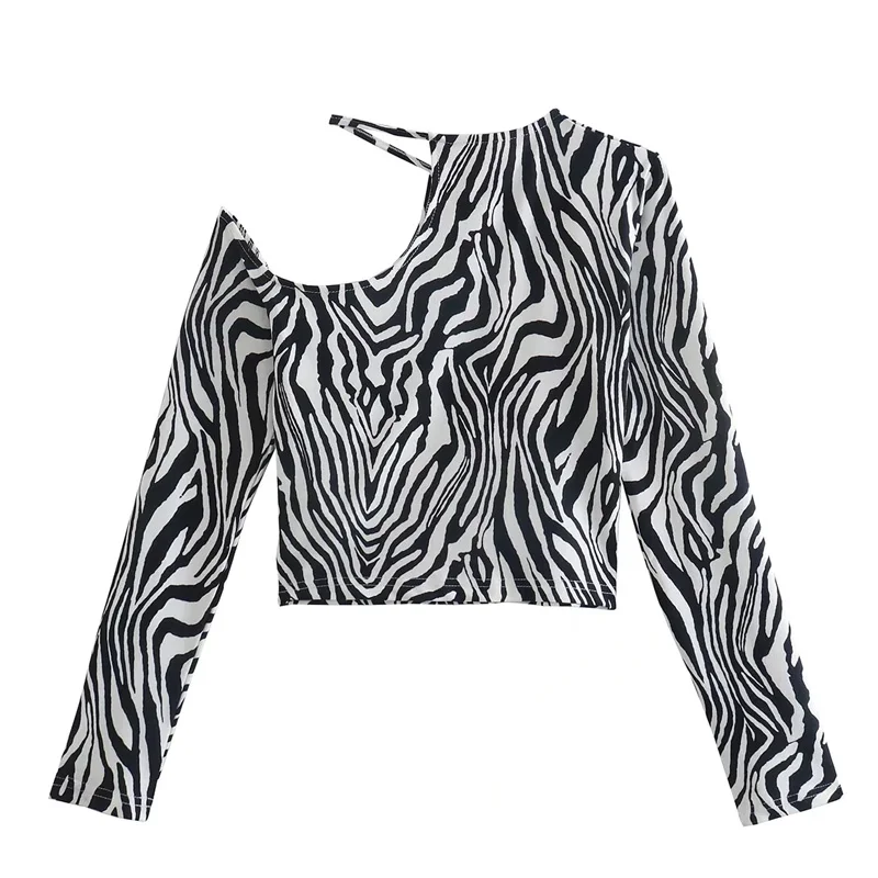 

TRAF Sexy Top Women 2022 Fashion Zebra Print Print off shoulder Tops Woman Long Sleevele Skinny Woman Clothes Streetwear