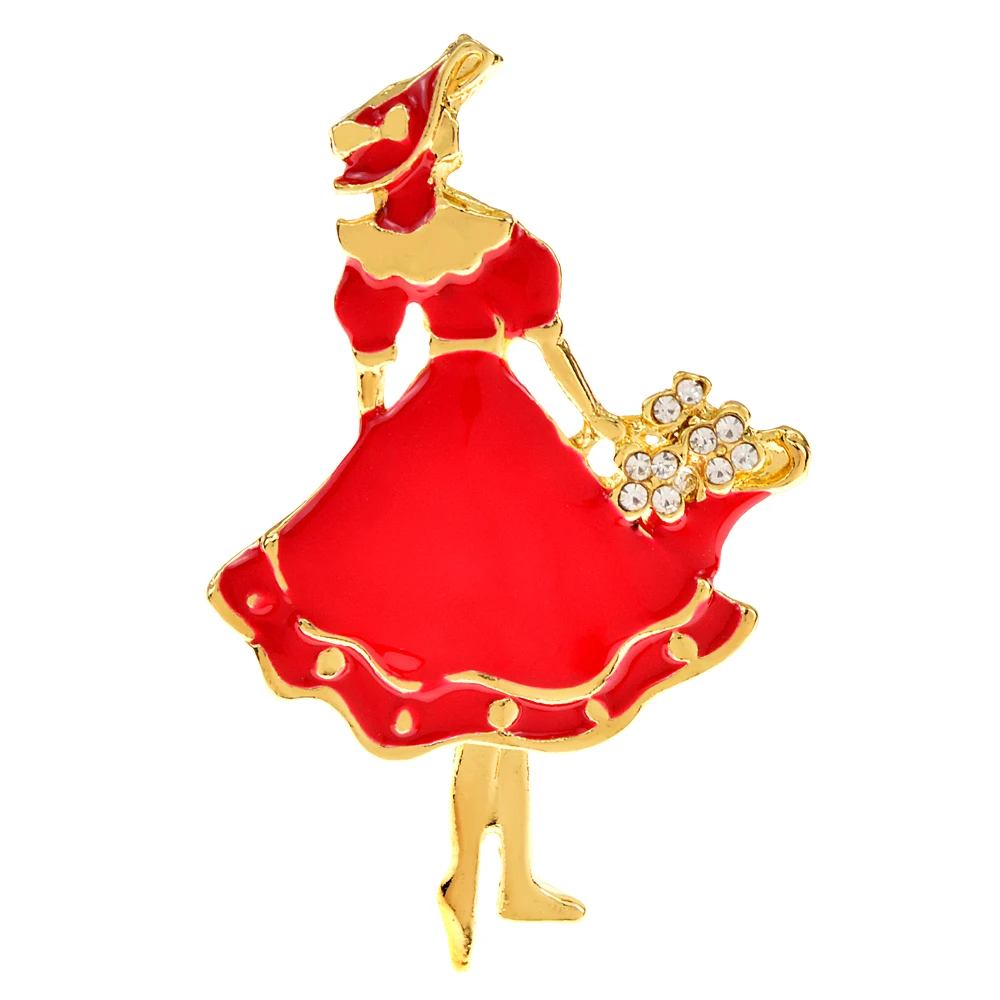 

CINDY XIANG Holding Flower Girl Brooch Red Dress Hat Rhinestone Pin Lady Jewelry Vintage Retro Accessories High Quality