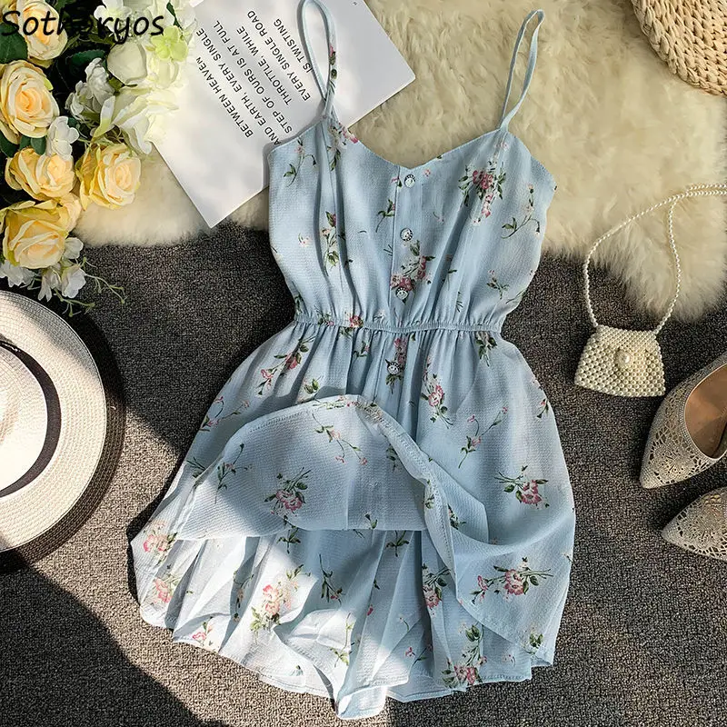 

Rompers Women Summer Floral Printed V-neck Spaghetti Style Sexy Playsuits Elastic Waist Daily Streetwear Chic Retro Beach Style