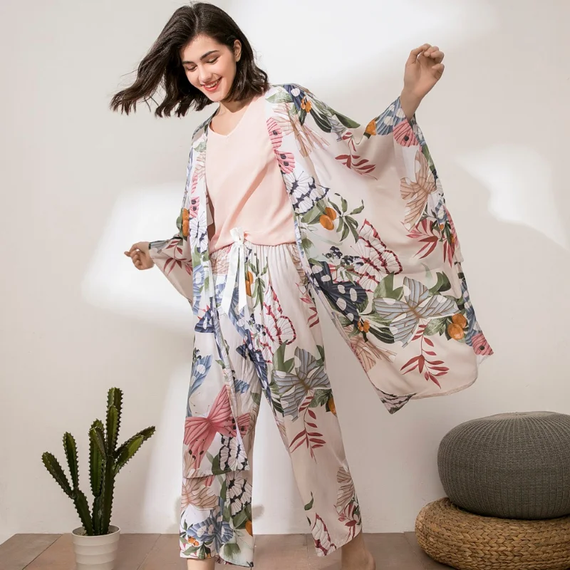 

Spring Autumn Sexy Women's Pajamas Cotton Satin 4Pcs Cardigan+Vest+Pants+Shorts Printed Pyjamas Femme Sleepwear Homewear Pijamas