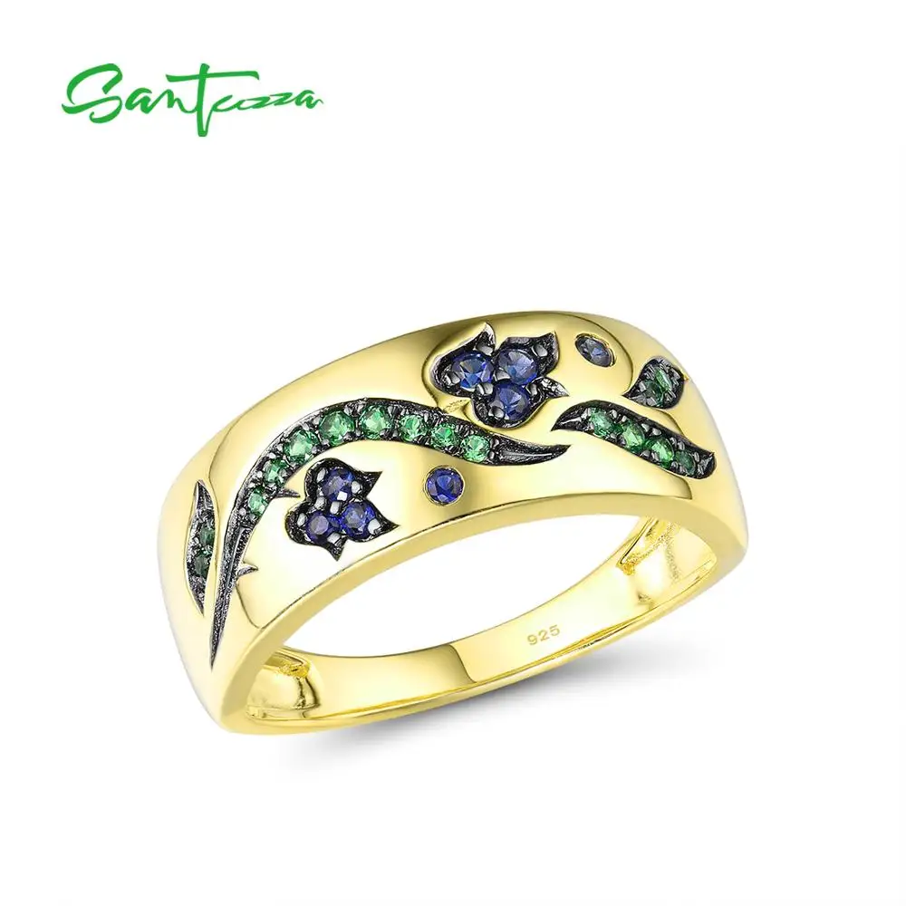 

SANTUZZA Silver Rings For Women 925 Sterling Silver Gold Color Sparkling Green Spinel Delicate Blue Tulip Flowers Fine Jewelry