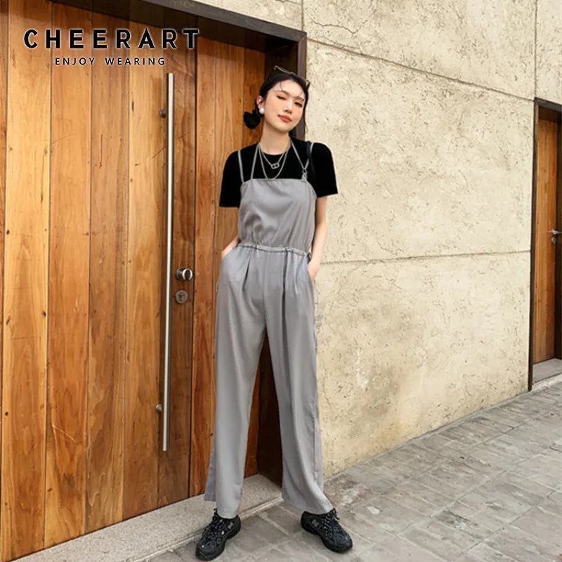 

CHEERART Summer Jumpsuit Women Overalls Rompers Going Out One Piece Outfit Grey Black Wide Leg Rumper Jumpsuit Drawstring 2021