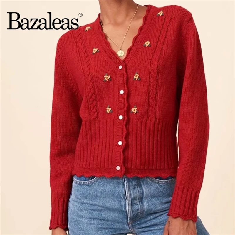 

Buttons Vintage Center Warm Kintted Sweater Women France White Emile Floral Embroidered Women Sweater Retro