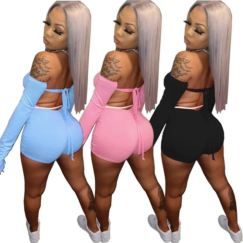

BJYL Backless Jumpsuit Women Summer 2021 Off the Shoulder One Piece Outfits Womens Black Bodycon Jumpsuit Sexy Mono Corto Verano