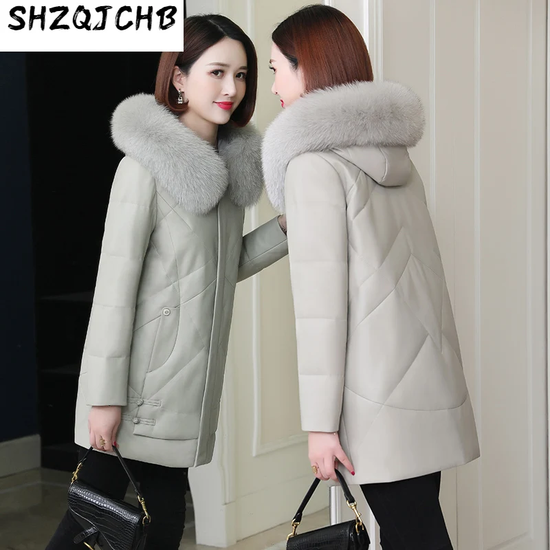 

SHZQ, новинка 2021, кожаный пуховик, женское среднее и длинное меховое пальто с воротником из лисьего меха, корейское меховое пальто из овечьей к...