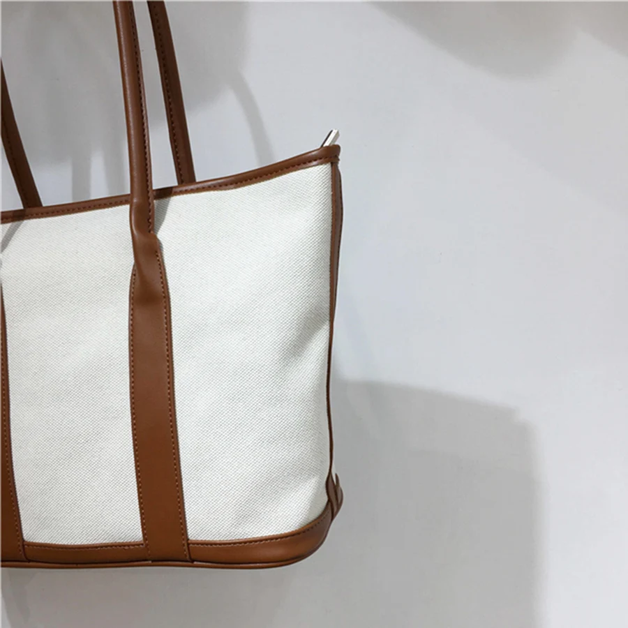 

Korea Designer Leather Splicing Canvas Shopper Bags for Women 2021 Large Capacity Simple Ladies Shoulder Bag Big Female Handbags