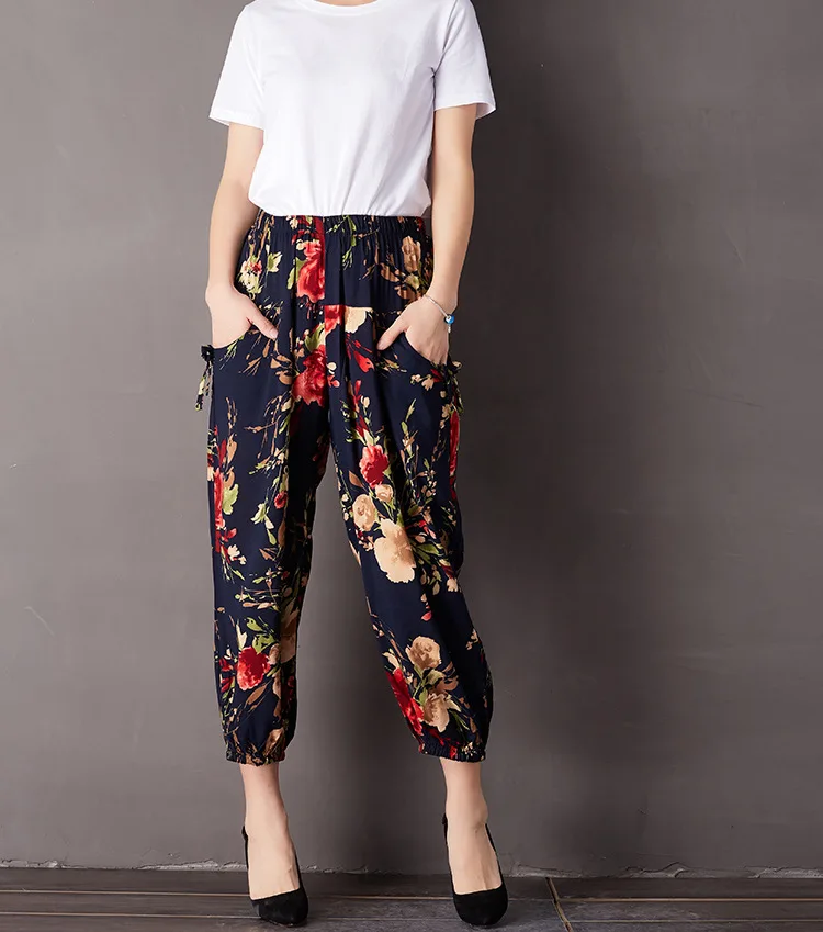 Весенние и летние хлопковые шелковые шаровары с принтом Национальный стиль