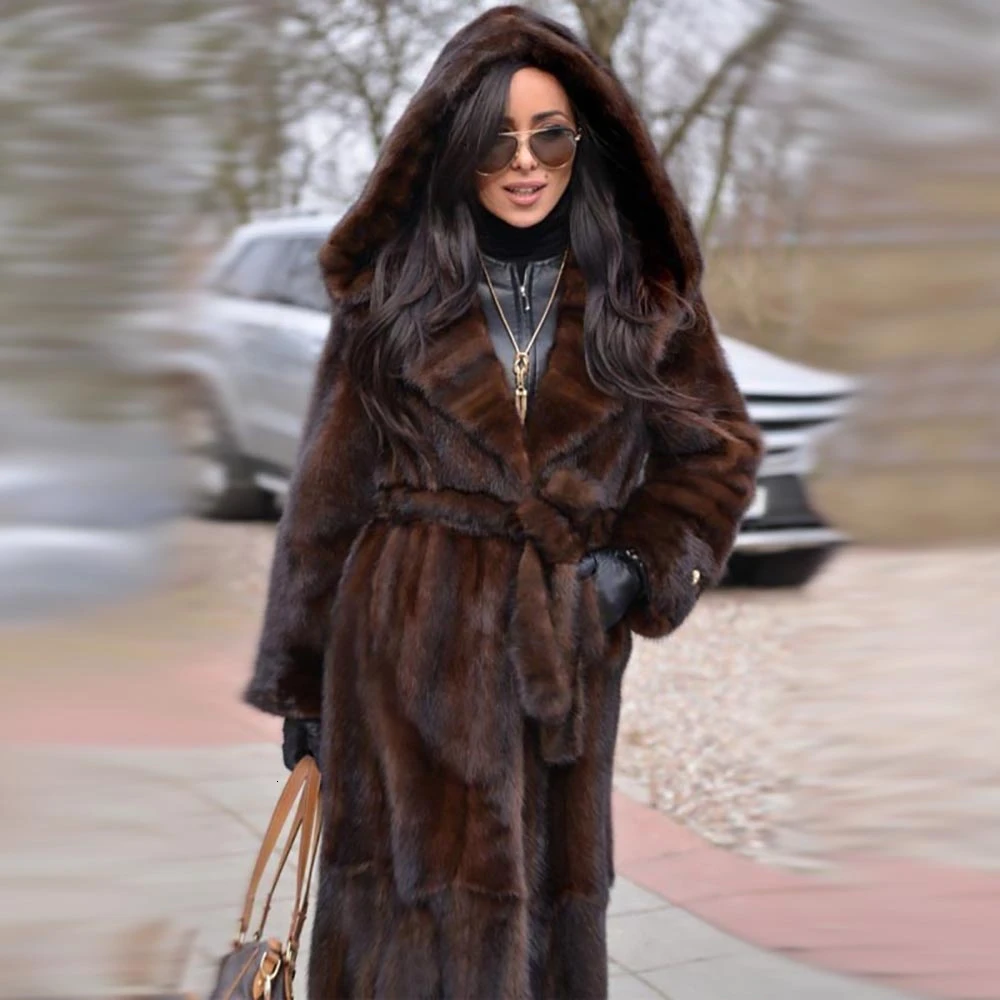 Женская шуба из натурального меха норки длинная длиной 120 см с поясом модная