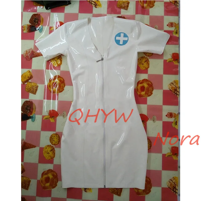 Sexy White Short Sleeve Latex Fetish Dress Rubber Doctor Nurse Cosplay with Back Zipper Club Party Wear