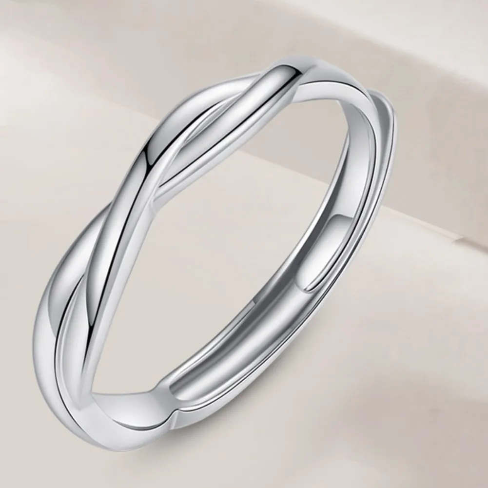 

S925 Sterling Silver Lovers Couples Rings Interveaving Style for Wedding Engagement with Zirconia Open Ring Resizable QL044