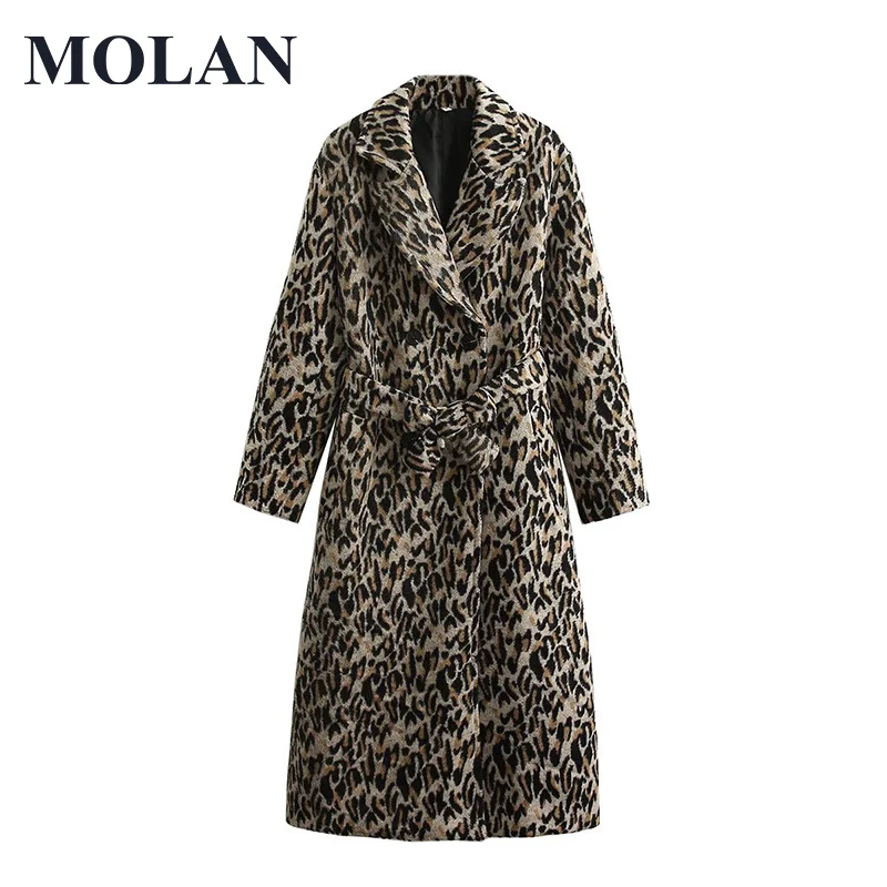 

Женское леопардовое шерстяное пальто MOLAN, Длинное свободное модное пальто с поясом, новинка 2021, облегающее зимнее пальто с лацканами, Женска...
