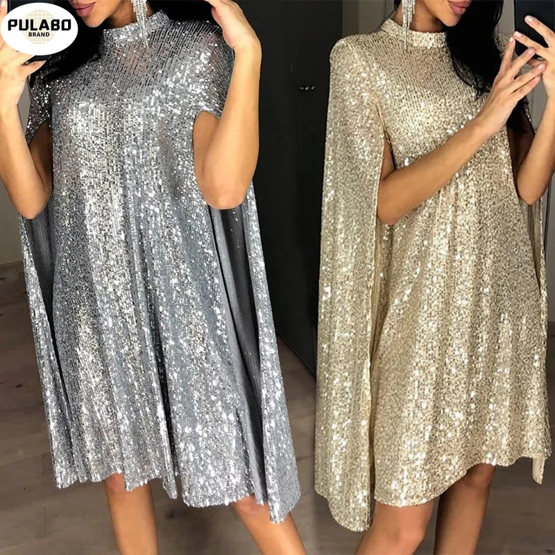 

Women 2021 Stand Collar Puff Sleeve Sequin Dress Woman Sequin Party Vestido Bling Banquet Dress Party Dresses Dropshipping