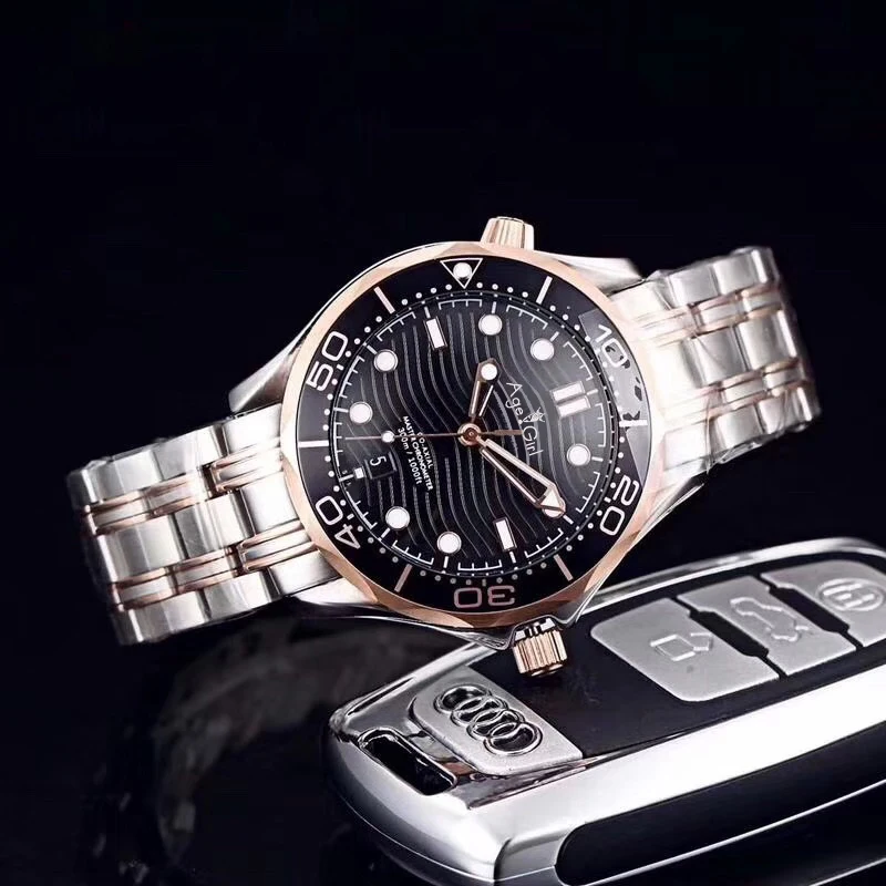 Black Rose Gold Роскошные брендовые Новые Мужские автоматические механические часы серебристого, черного, синего цвета James Bond 007 керамическое сапфировое стекло сзади Спортивные розовое золото AAA - Цвет: Black Rose Gold