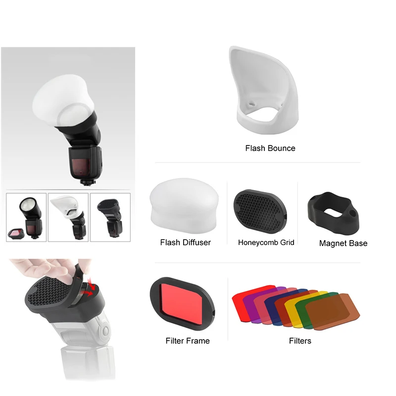 Camera Flash Accessories Kit with Bounce+Flash Diffuser+Honeycomb Grid+Magnetic Base+Filter Frame+Filters for DSLR | Электроника
