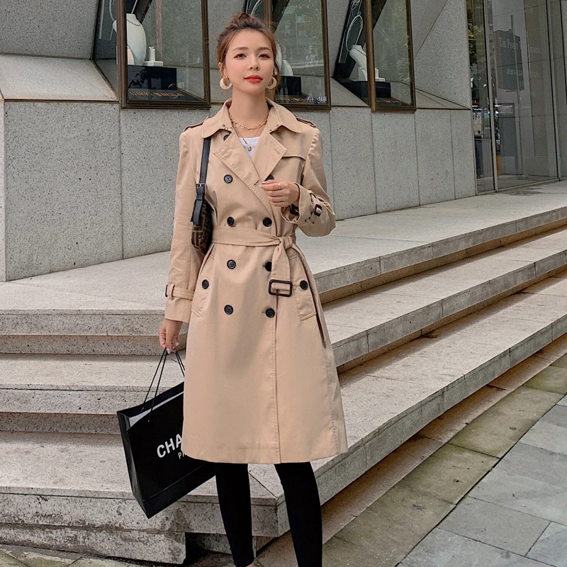 

Brand Pop Style Khaki Slim Trench Coat Women Double-Breasted with Belt Lady Duster Coat Cloak Female Autumn Fall Outerwear Cloth