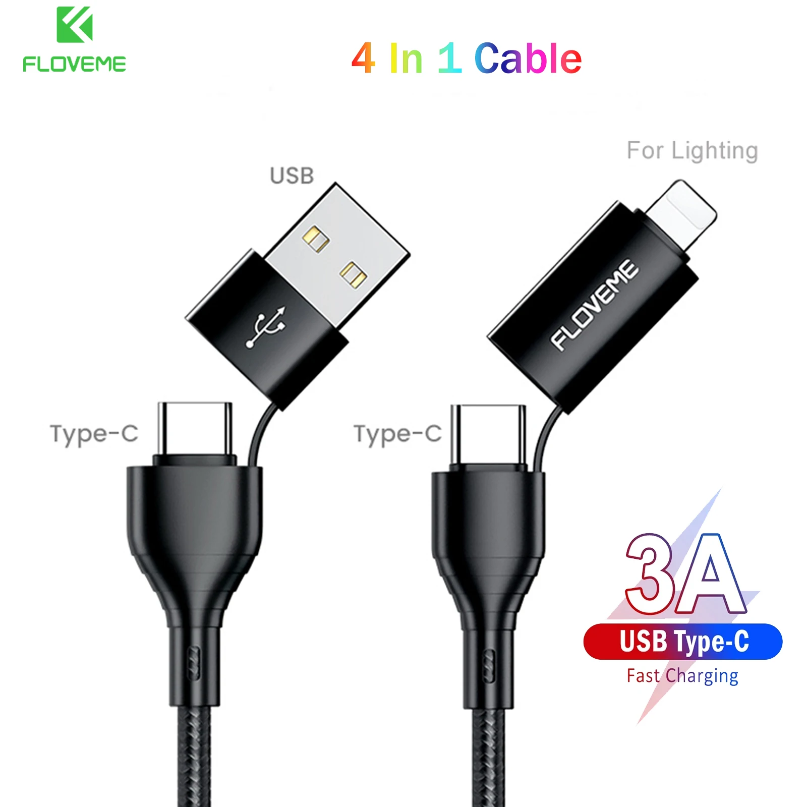 Кабель USB Type-C FLOVEME 4 в 1 для быстрой зарядки iPohne 13 12 3A, кабель Micro USB для Xiaomi, Samsung Galaxy S22