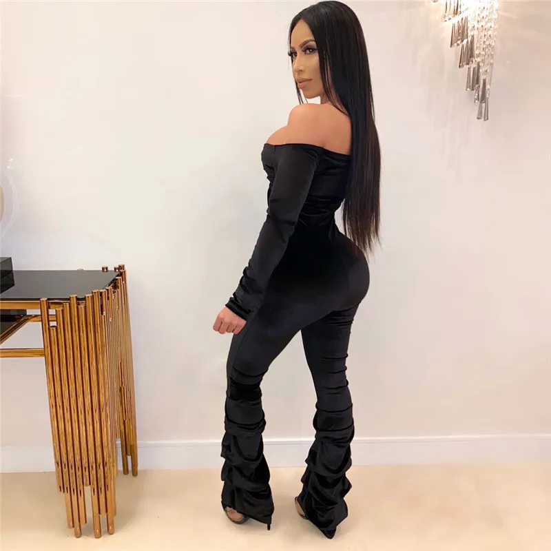 

CHRONSTYLE Sexy Long Sleeve Solid Jumpsuit Women High Waist Sexy Romper Strtchy Off Shoulder Palazzo Mujer Flared Jumpsuit 2020