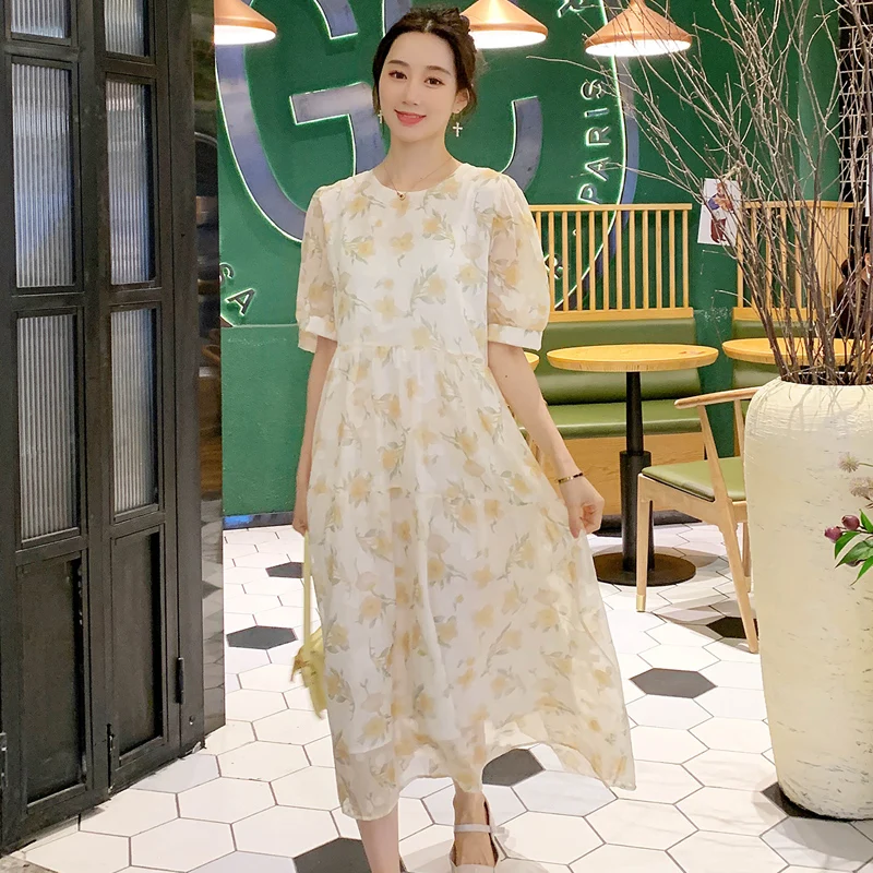 

751# 2021 Summer Korean Fashion Printed Maternity Long Party Dress Elegant A Line Loose Clothes for Pregnant Women Pregnancy