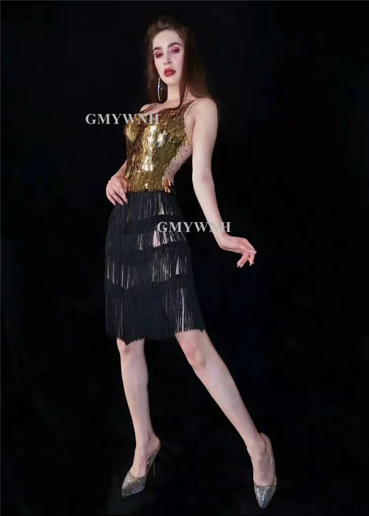 Костюм для бальных танцев A31 платье с кисточками певицы золотистая юбка