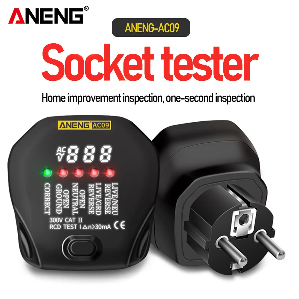 

ANENG AC09 Digital Socket Tester Voltage Test Socket Detector US/UK/EU/AU Plug Live Ground Neutral Phase Meter RCD Test