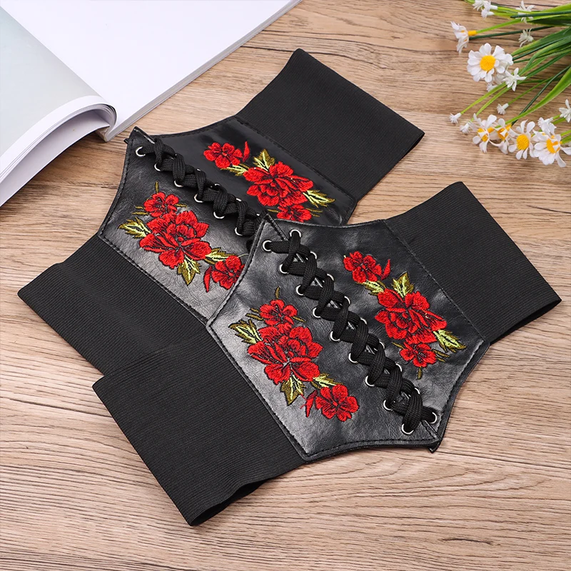 

2021 Fashion Women Embroidered Extra Wide Belt PU Leather Tie Bowknot Female Girdle Printed Lady Stretch Buckle Corset Waistband