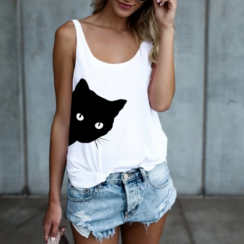 

2021 Women Summer Cat Print U-neck Casual Top Sleeveless Basic Tank Tops Fashion T Shirt Tees Female Clothing White Cartoon