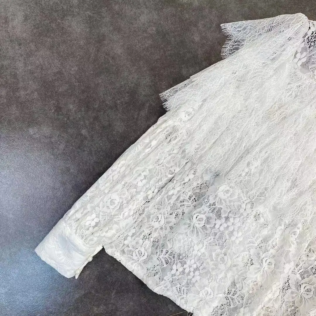 

ZCSMLL 2021 Spring Lapel Split Cake Design Tops for Women Layer Long Sleeve Thick Ribbon Bow Temperament Lace Shirt