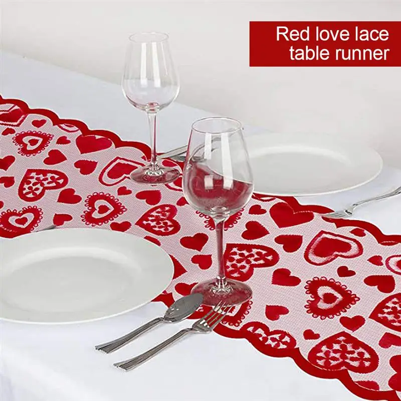 

Love Red Heart Print Decorations Red Lace Wedding Party Valentines Day Gift Home Table Cloth 33x183cm/13x72inch