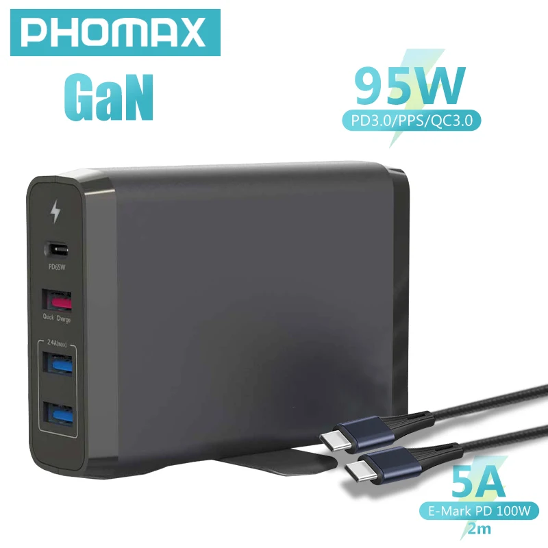 

PHOMAX 95W PD/QC Fast Charger EU/US/UK Power Adapter 4-Port With 2 m Cable For Macbook Pro Xiaomi Laptop IPhone Samsung Tablets