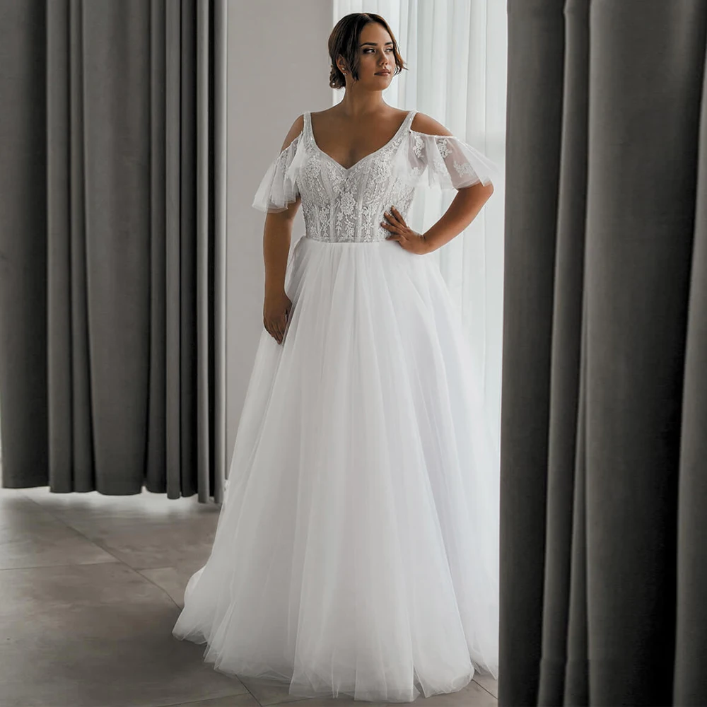

Vinca Sunny Plus Size Wedding Dresses V Neck Short Sleeves Large Custom Made Women Applique A Line Bridal Dress Robe De Mariage