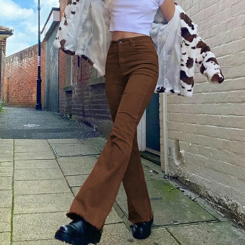 

2021 new pants in British style brown high waist elastic micro women's casual
