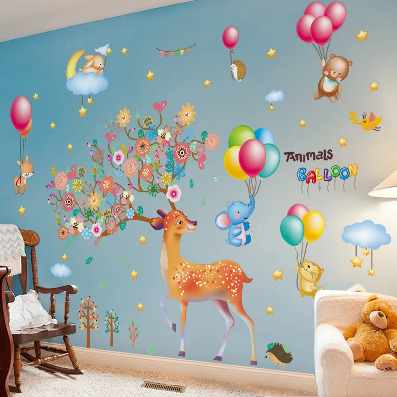 

[SHIJUEHEZI] Deer Animal Wall Sticker Vinyl DIY Cartoon Balloons Mural Decals for Kids Room Baby Bedroom Nursery Home Decoration