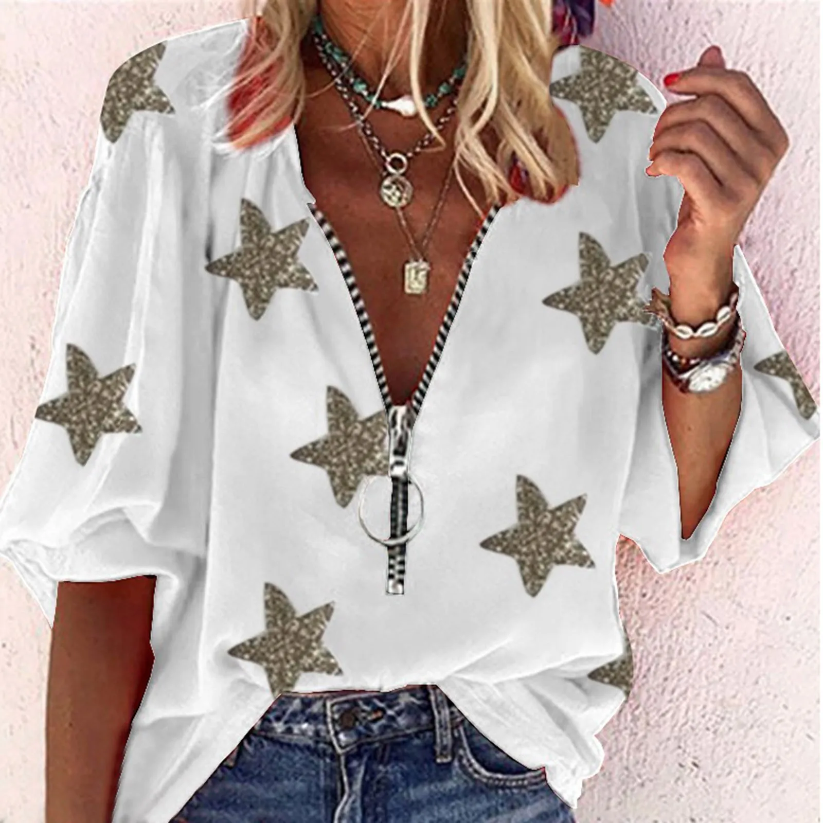 

Elegant Casual Zipper Blouse Star Printed Loose Button Tunic Shirt Blouse Tops Women Office Blouse Female Blusas Camisas R5