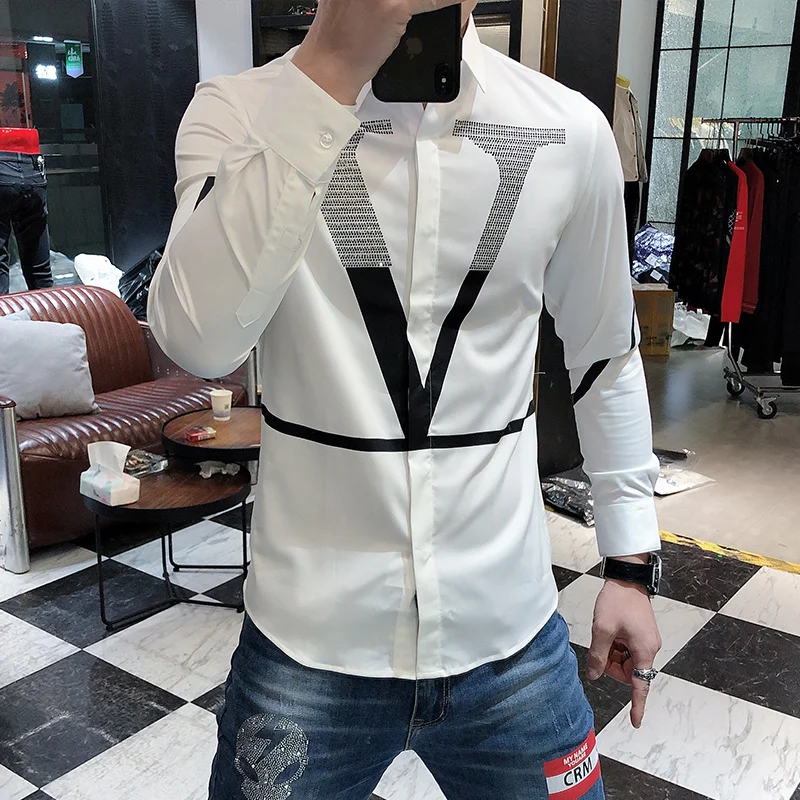 

Hot Sale Rhinestone Letter Shirts Men Long Sleeve Business Casual Dress Shirt Slim Streetwear Social Nightclub Chemise Homme