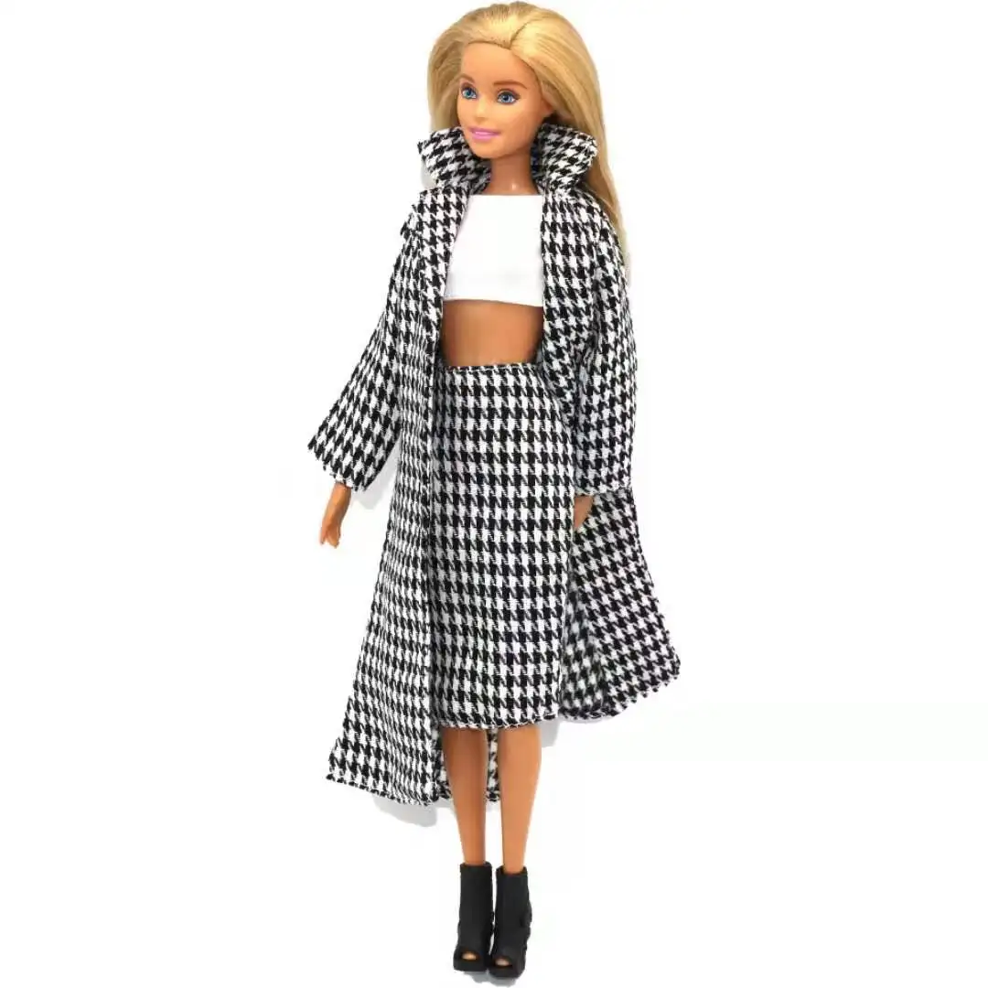 

Fashion 11.5" Doll Outfits for Barbie Clothes Dark Brown Winter Jacket Houndstooth Plaid Parka Long Coat 1/6 BJD Accessories Toy