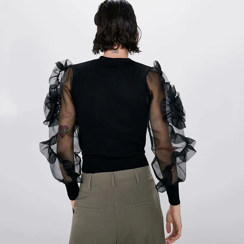 ZA осенний Новый женский свитер 2019 модный круглый вырез органза длинный рукав в