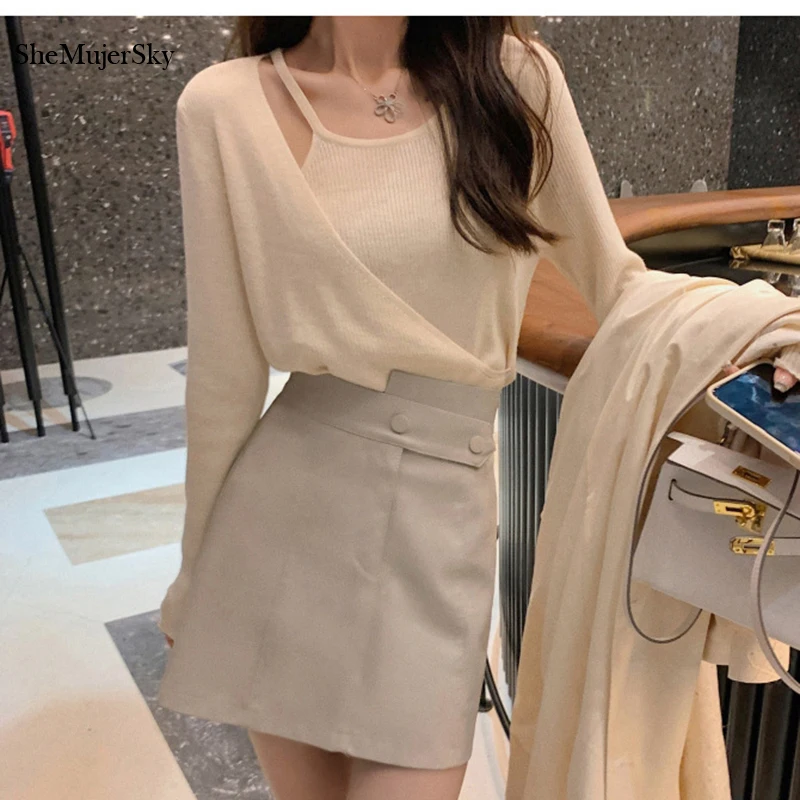 

SheMujerSky Women O-neck Hollow Out Blouses Long Sleeve Knitted Elastic Solid Color Tops 2021 blusas