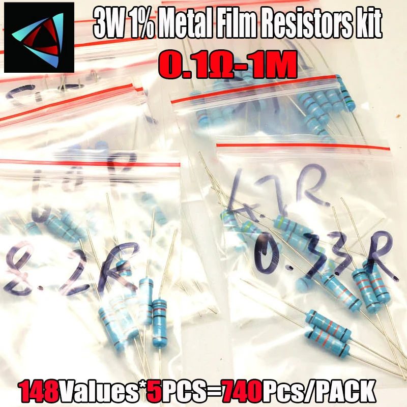 

740pcs/lot 3W 1% 148valuesX5pcs 0.1R~1M Metal Film Resistor Kit Pack Set