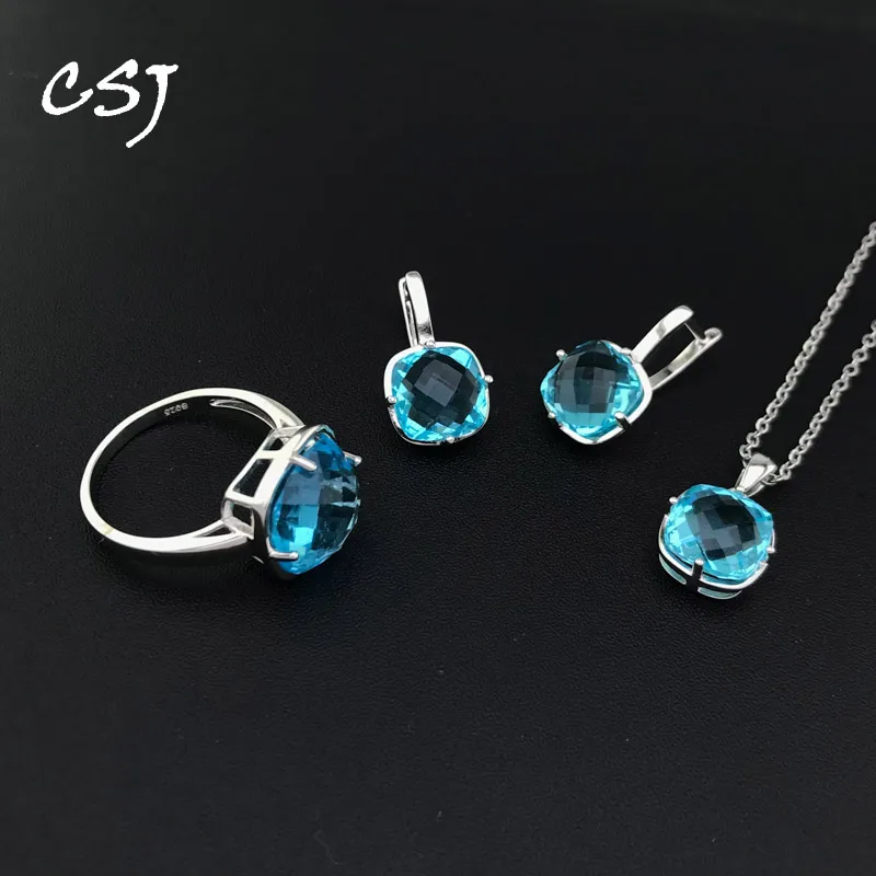 

CSJ New Blue Quartz Jewelry Sets Sterling 925 Silver Created Topaz for Women Wedding Party Birthday Gift