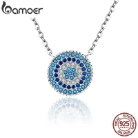 bamoer popular 925 sterling silver round blue crystal lucky blue eyes women pendant necklaces authentic silver jewelry scn099