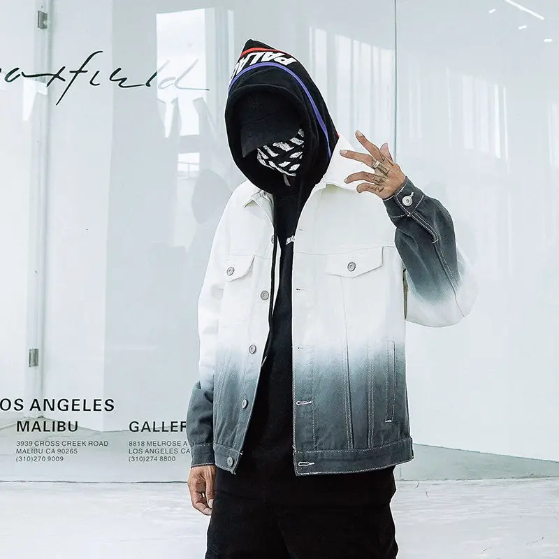 

Демисезонная джинсовая куртка с градиентом, мужские свободные повседневные ковбойские куртки, пальто, однобортная Китайская одежда-карго ...