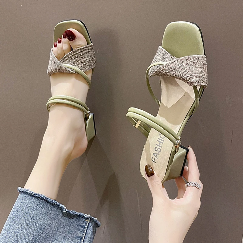 

Female Shoes Slippers Casual Women Heels Slides Square heel Med 2021 Luxury Summer High Block Soft Basic Rubber Pumps Scandals P