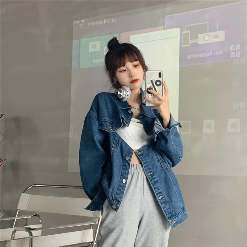 

Japanese Sweet Soft Girly Loose Casual Daniel Women Jacket Coats 2020 Spring Autumn Hollow Out Backless Pocket Punk Denim Jacket