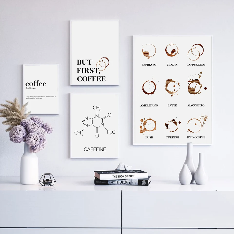 

Caffeine Molecule Picture Print Coffee Quote Artwork Black White Print Poster But First Coffee Canvas Painting Wall Home Decor