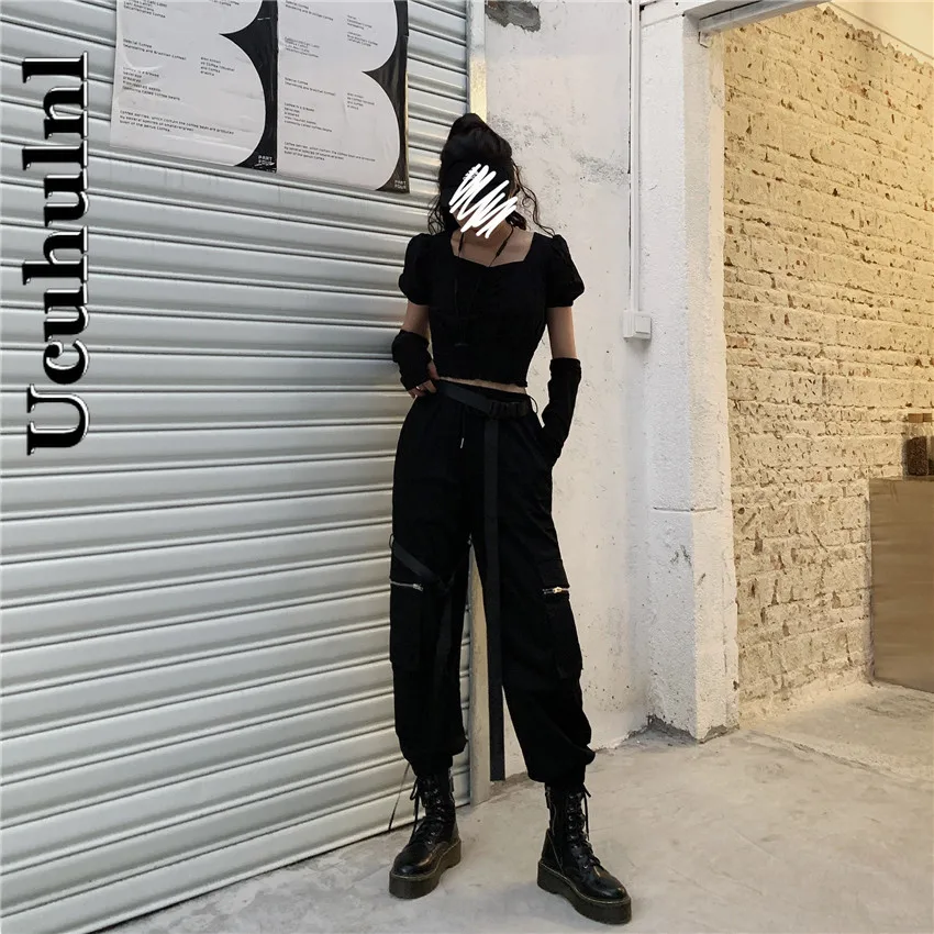 

Ucuhulnl Black High Waist Cargo Pants Women Harajuku Streetwear Casual Joggers Long Pants with Belts Female Loose Korean Style