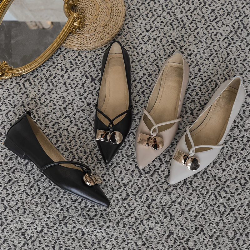 

Osunlina New Arrival Flats Woman Pointed Toe Metal Decoration Slip On Real Cow Leather Comfortable Elegant Office Shoes A237