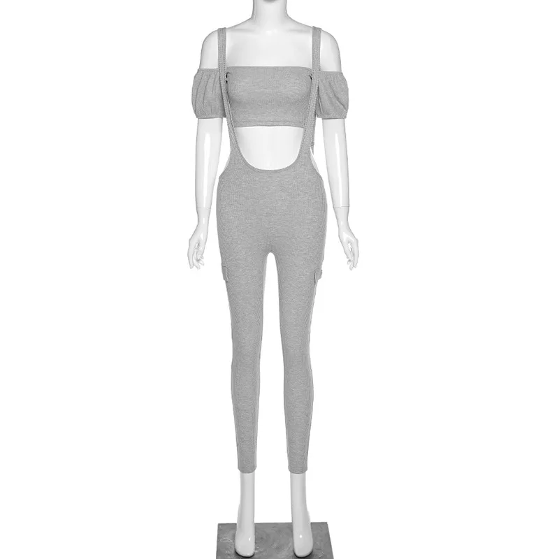 

Sexy Two Piece Set Women Ribbed Activity Slash Neck Crop Top And Suspenders Outfits Matching Sets Female Casual Sport Outfit